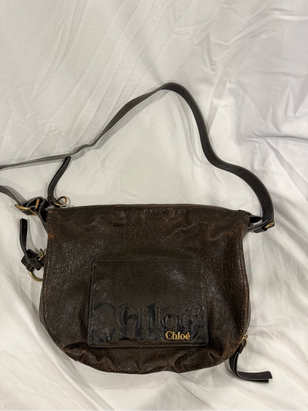 Vintage Chloe Eclipse Distressed Leather Crossbody Shoulder Bag In Brown